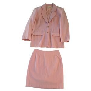 Vintage Pastille Rose Pink Blazer Skirt Suit Set 8 Wool Cashmere Career Business